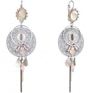 LINDA Gray Silver Earrings Long openwork earrings Ethnic Silver and Gray Rhodium Crystal and Natural mother-of-pearl