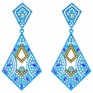 Boucles d'oreilles YUTIA Blue Silver Pendantes longues pavées ajourées Ethnique Argent et Bleu Rhodium Cristal