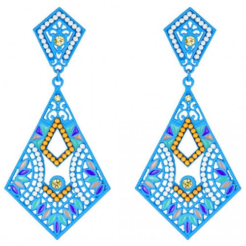 YUTIA Blue Silver Earrings Long dangling paved openwork Ethnic Silver and Blue Rhodium Crystal