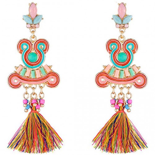 AMELIA Color Gold Earrings Hanging with Ethnic Pendant Gold and Multicolor Rhodium Crystal and Pompoms