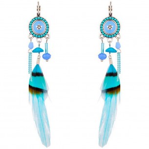 CAP HORN Turquoise Silver Earrings Ethnic Pendant Silver and Turquoise Rhodium Crystal and Feathers