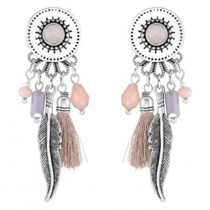 DIEGO Gray Silver Dangle Earrings with Ethnic Feathers Pendant Silver and Gray Rhodium Crystal and Pompoms