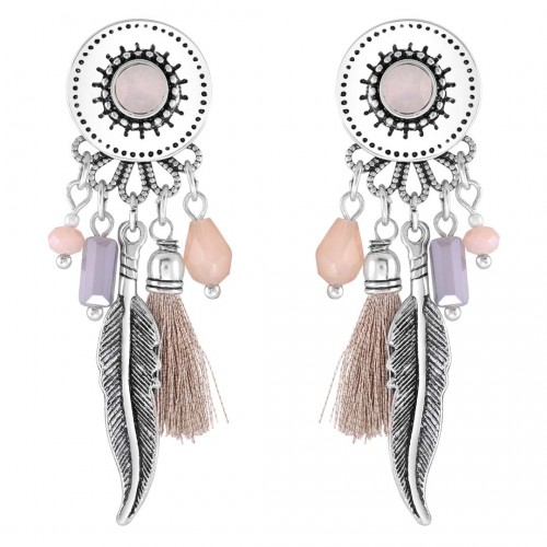 DIEGO Gray Silver Dangle Earrings with Ethnic Feathers Pendant Silver and Gray Rhodium Crystal and Pompoms