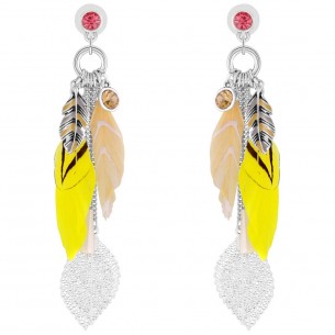 BAHIADOR Lemon Yellow Silver Dangle Earrings with Feather Pendant Silver and Lemon Yellow Rhodium Crystal and Feathers