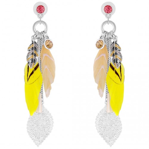 BAHIADOR Lemon Yellow Silver Dangle Earrings with Feather Pendant Silver and Lemon Yellow Rhodium Crystal and Feathers