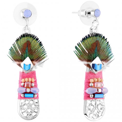 PAKITO Color Silver Earrings Short Dangling Ethnic Silver and Multicolor Rhodium Crystal and Feathers