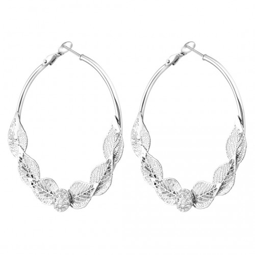 AROLENA White Silver Earrings Openwork Creoles Filigree Leaves Silver and White Rhodium Crystal