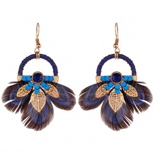 Boucles d'oreilles ROJARES Blue Gold Pendantes ajourées Ethnique amérindien Doré et Bleu Doré à l'or fin Cristal et Plumes