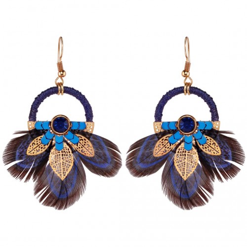 ROJARES Blue Gold earrings Openwork pendants Native American ethnic Gold and Blue Gilded with fine gold Crystal and Feathers