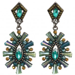 SEKURA Emerald Green Silver Earrings Short Dangle Medieval Baroque Silver and Emerald Green Rhodium Crystal