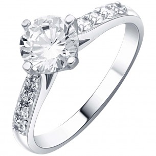 SOLAMO White Silver Solitaire Pavé Ring Timeless Classic Silver and White Rhodium Cubic Zirconia Set