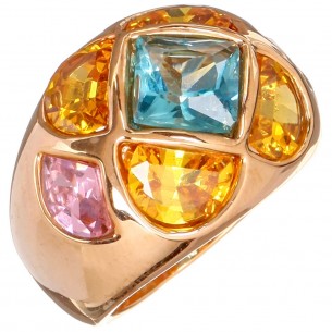 SPRINGDOME Color Gold Cocktail Ring Pavé Domed Gold and Multicolor Brass gilded with fine gold Zirconia set