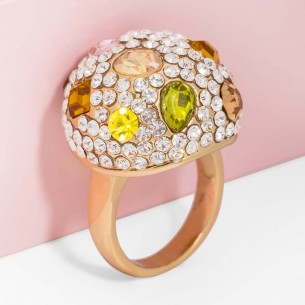EMELOR Ring Beige Topaz Gold Pavé Cocktail Golden Dome and Beige Topaz Gilded with fine gold Crystal