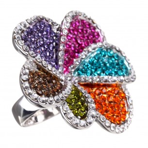 FLORA Color Silver Cocktail Pave Flower Ring Silver and Multicolor Rhodium Crystal