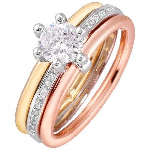 IRIDIANCE All Gold Ring Articulated Solitaire Set of 3 rings linked together Three golds Silver Gold Rosé Rhodium Crystal