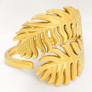 Bague PALMOJAS STEEL Gold Jonc ajouré réglable flexible Feuilles de palmier Doré Acier inoxydable doré à l'or fin 2