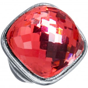 ICE BUBBLE SQUARE Red Coral Silver Ring Elastic Cabochon Central Crystal Silver and Red Coral Rhodium Crystal