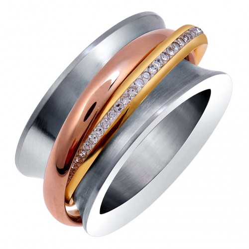 Bague REIDORAS All Gold Jeu d'anneaux entrelacés Trois ors Argent Doré Rosé Acier inoxydable Cristal