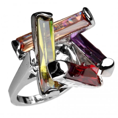 QUADRAS Color Silver Cabochon Ring set Square with four crystal sticks Silver and Multicolor Rhodium Crystal