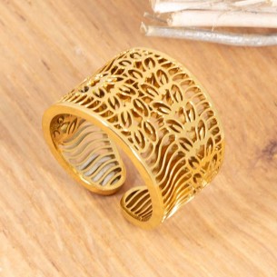 GARDENA Gold ring Flexible adjustable openwork bangle Golden foliage Stainless steel gilded with fine gold