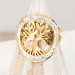 VIDALI Gold ring Flexible openwork cabochon Tree of life filigree Golden White Stainless steel gilded with fine gold Crystal