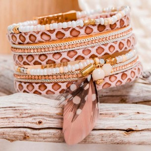 EREA NUDE Beige Gold Bracelet Soft Multi-row Cuff Reptile Print Gold and Beige Imitation Leather Crystal, Feathers and Pearls