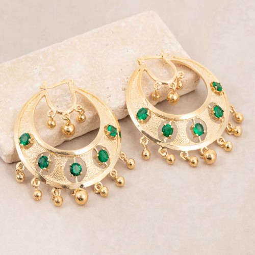 Boucles d'oreilles TZIGANI Green Gold Créoles à pendentif Tzigane Doré et Vert Laiton doré à l'or fin Cristaux sertis