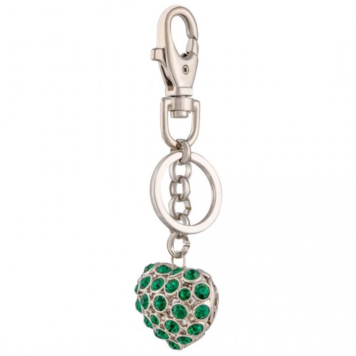 Leather Goods Accessory CRYSTAL HEART Green Silver Bag charm and key ring 2 in 2 Heart Silver and Green Rhodium Crystal