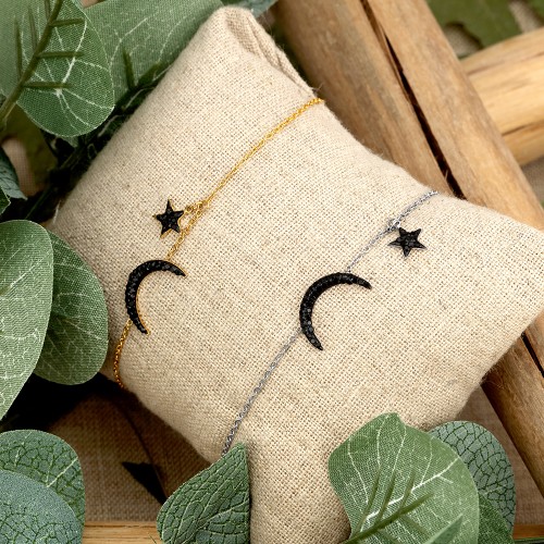 STARMOON Black Silver bracelet chaine fine étoile lune acier argent
