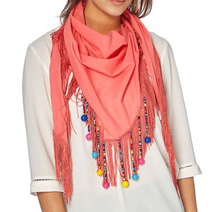 UNITED Coral Color triangle scarf with ethnic charms Multicolor and Coral color Viscose Plain and Jewelry decorations