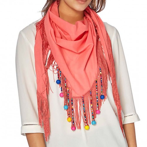 UNITED Coral Color triangle scarf with ethnic charms Multicolor and Coral color Viscose Plain and Jewelry decorations