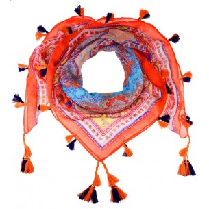 TOLEDO JUICE Color Orange large square scarf with Multicolor Floral charms Viscose Printed all over Pompom decorations