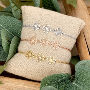 LUCKY LEAF Pink Gold Silver bracelet chaine fine trèfles...