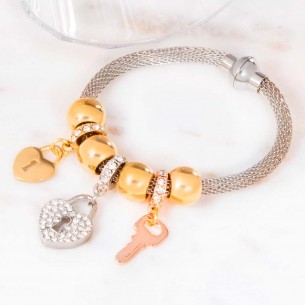 HEART KEY Bracelet All Gold Soft bracelet with Heart padlock and key pendant Silver Gold Rosé Rhodium Crystal