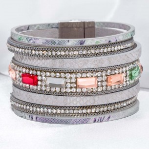 IDYL OF CRYSTAL Gray Silver Bracelet Soft paved cuff Crystal River Silver and Rhodium Gray and Crystal Imitation Leather