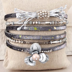 COUNTRYSIDE Gray Silver Bracelet Double wrap Multi-row Floral Silver and Gray Rhodium and Imitation Leather Crystal