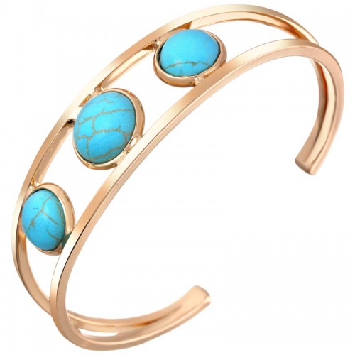 ANGKOR Turquoise Gold Bracelet Adjustable flexible rigid openwork cuff Triptych Gilded with fine gold Reconstituted Turquoise