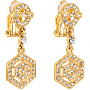 Boucles d'oreilles OXONA White Gold Clips pendantes pavées Hexagone Doré et Blanc Doré à l'or fin Cristal
