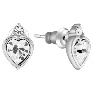 AMOR White Silver Stud Earrings Domed Heart Silver and White Rhodium Crystal