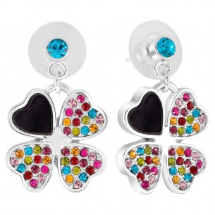 LUCKY CRYSTAL Color Silver Earrings Short Dangle 4 Leaf Clover Silver and Multicolor Rhodium Crystal