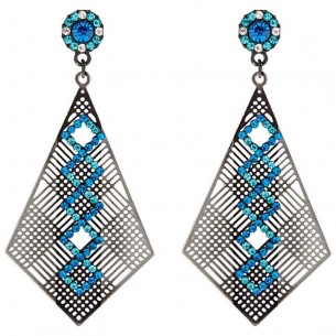 Boucles d'oreilles CAMANI Blue Silver Pendantes pavées ajourées Géométrique Argent et Bleu Rhodium Cristal