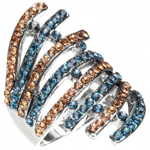 VENUSA Ring Blue & Brown Silver Cocktail openwork pavé Double fan Silver and Blue Brown Rhodium Austrian crystal