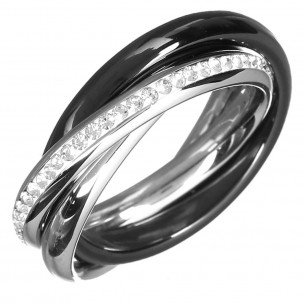 UNIDIANCE Black Silver Ring Set of 3 intertwined rings Contemporary Silver and Black Stainless Steel Ceramic and Crystal