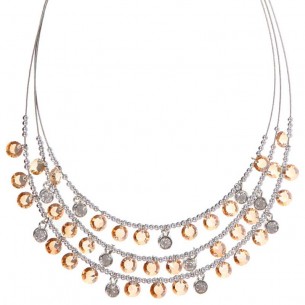 DELPHA Beige Topaz Silver Multi-row Choker Necklace with Filigree Silver and Beige Rhodium Crystal Pendant