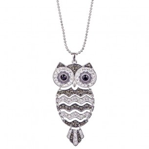 NOCTULO Necklace Gray White Silver Y-shaped pendant necklace Articulated owl Silver and Gray White Rhodium Crystal