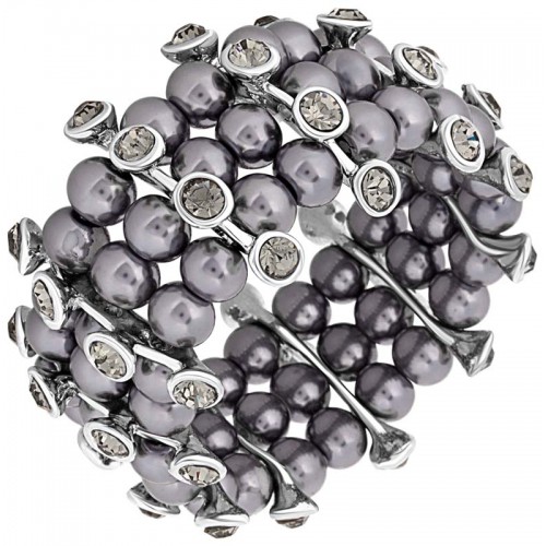 Bracelet WHITNEY Grey Silver Manchette multirangs élastique Rivière de perles intercalées Argent et Gris Rhodium Cristal Perles