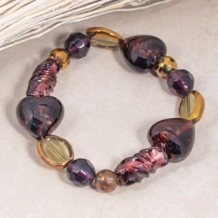 Bracelet AMOROS Purple Gold Bracelet de perles souples élastique Cœurs Dorés et Prunes Améthyste Pâte de verre