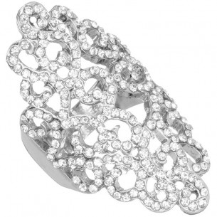 ESTIME White Silver Cocktail Pavé Openwork Ring Arabesques Silver and White Rhodium Crystal