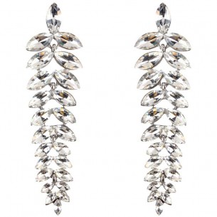 PEPINIA OF CRYSTAL White Silver Long Dangling Pavé Ear Studs Earrings Silver and White Rhodium Crystal