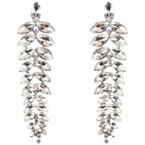 PEPINIA OF CRYSTAL White Silver Long Dangling Pavé Ear Studs Earrings Silver and White Rhodium Crystal